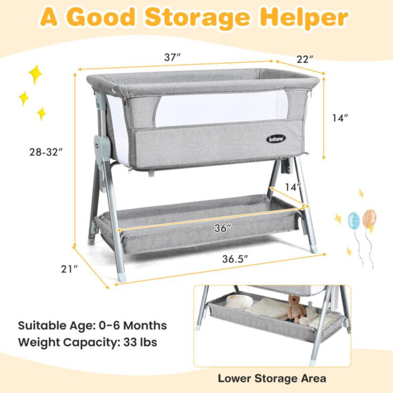 Hivago Adjustable Baby Bedside Crib with Large Storage