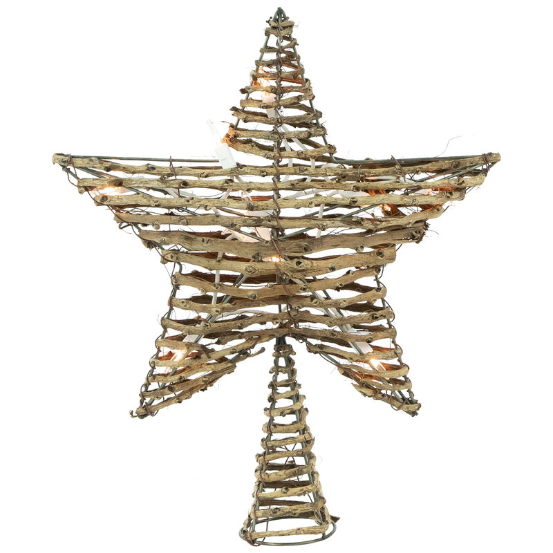 11" Lighted Rattan Twigs Star Christmas Tree Topper- Clear Lights  White Wire