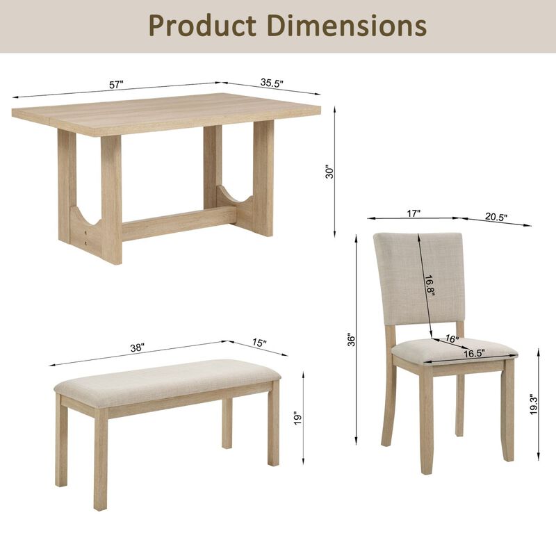 6 Piece Dining Table Set with Bench, rectangular dining table set with bench and 4 chairs, modern wooden dining table set for kitchen image number 2