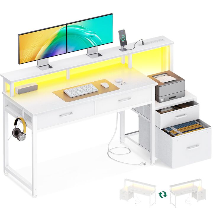 AODK 55-Inch Computer Desk with Fabric File Cabinet and Fabric Drawers, Reversible Office Desk with LED Strip and Power Strip, G