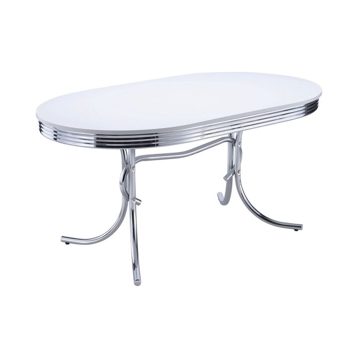 Loy 60 Inch Oval Dining Table, Glossy White Wood Top, Ribbed Chrome Apron - Benzara