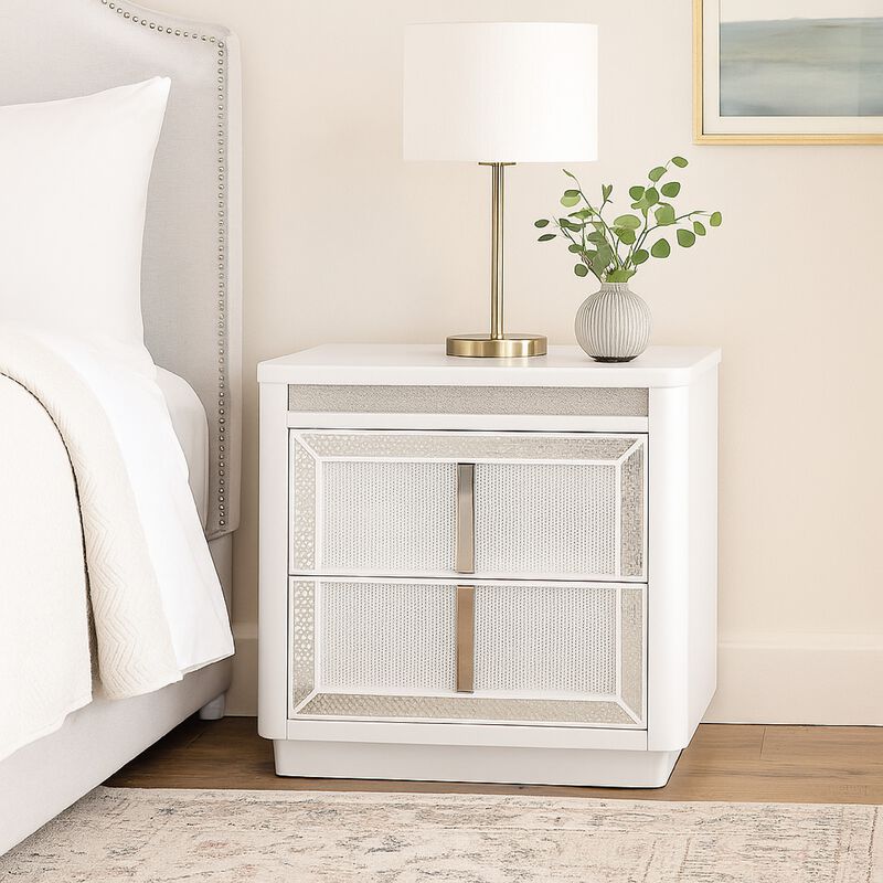 Canaal Nightstand, 2 Drawer, White Solid Wood, 28 Inch, LED Light