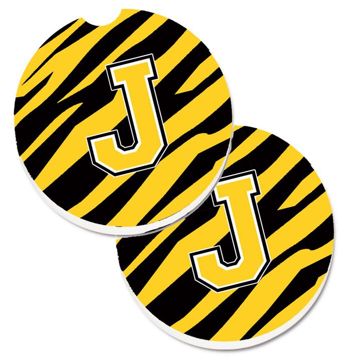 Caroline's Treasures Monogram Initial J Tiger Stripe - black Gold Set of 2 Cup Holder Car Coasters CJ1026-JCARC, 2.56, Multicolor