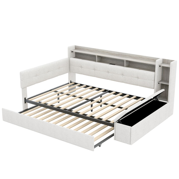 Merax Multi-Functional Linen Upholstered Daybed with Trundle, LED, USB & Storage