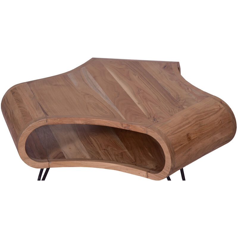 37 Inch Coffee Table, Handcrafted Curved Hexagon Shape with Open Shelf, Natural Brown Acacia Wood, Iron Legs - Benzara
