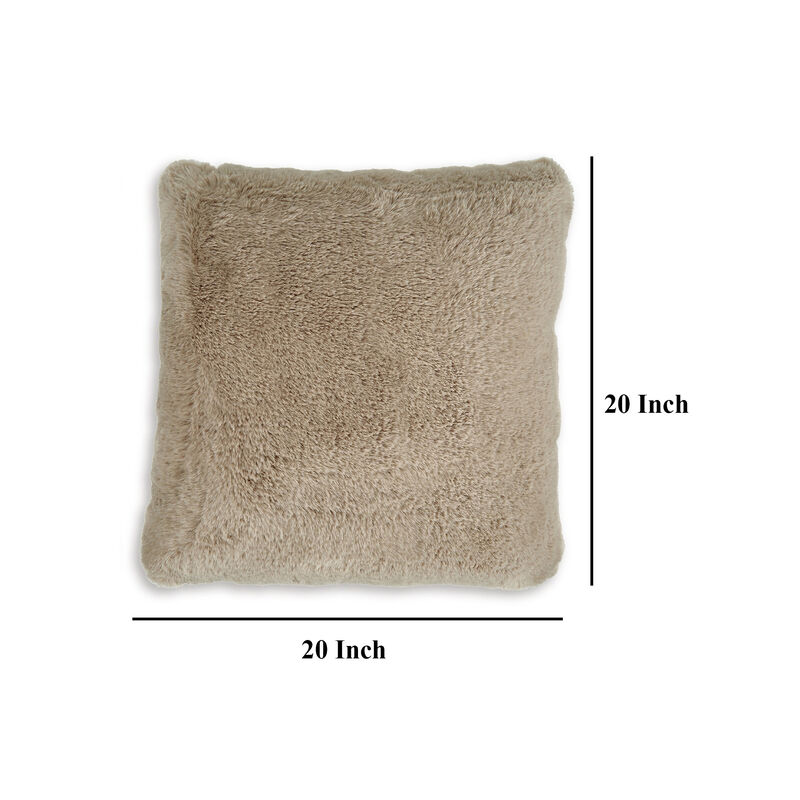 Dift Square Accent Throw Pillow, 20 Inch, Taupe Beige Faux Rabbit Fur - Benzara