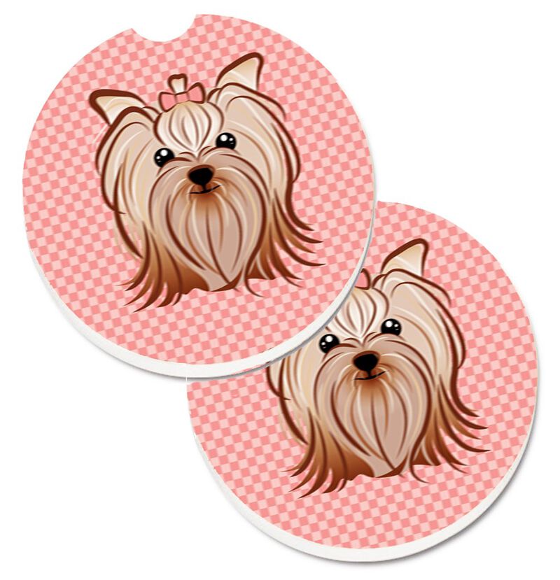 Caroline's Treasures Pink Checkered Yorkie / Yorkshire Terrier Set of 2 Cup Holder Car Coasters BB1138CARC, 2.56, Multicolor