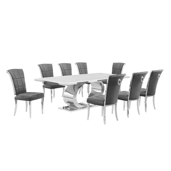 Best Quality Furniture 9pc Large (87) marble top dining set with silver base and 8 Dark grey chairs