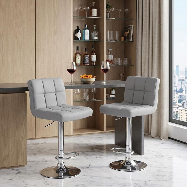 HomeRoots Set of Two Gray and Silver Faux Leather and Steel Adjustable Height Swivel Bar Chairs