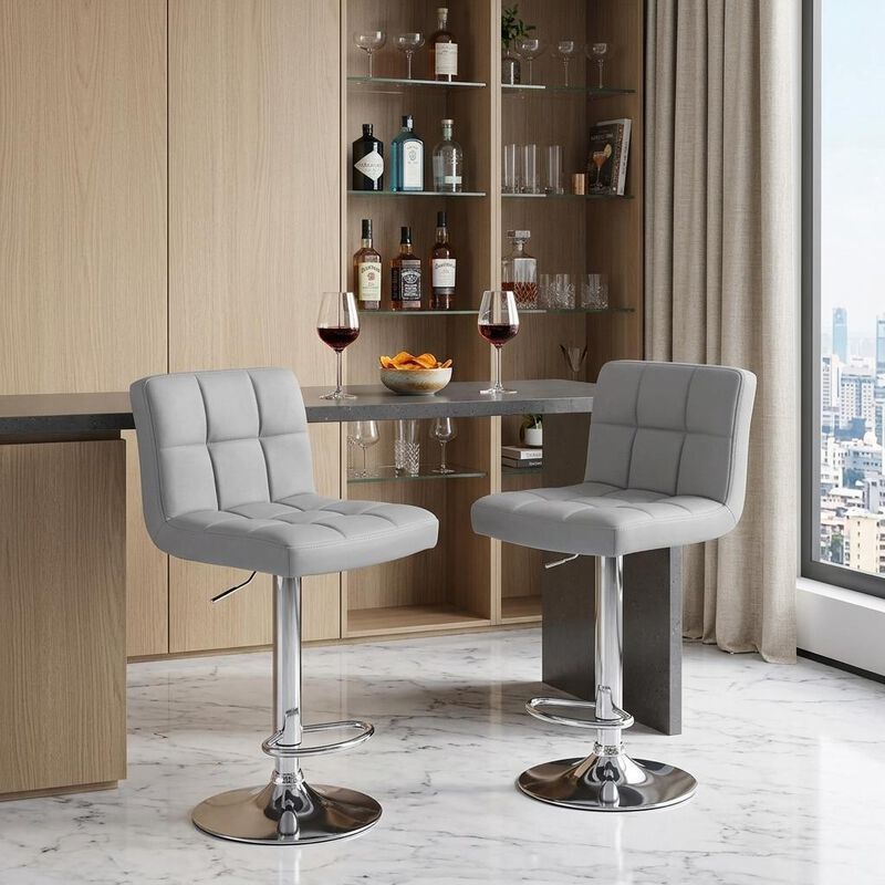 HomeRoots Set of Two Gray and Silver Faux Leather and Steel Adjustable Height Swivel Bar Chairs image number 1