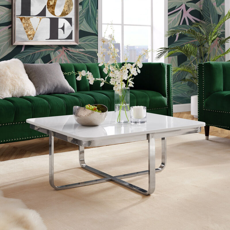 Square Coffee Table with Metallic Wood Top and Stainless Steel Base for Home Lounge