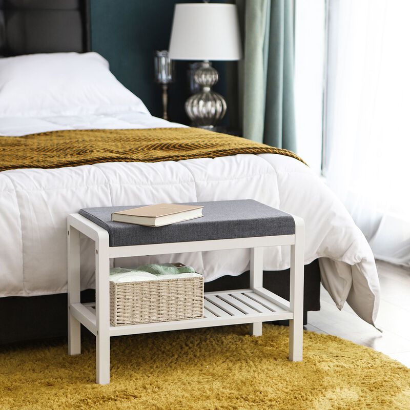 Wicker Shoe Bench Rack with Cushioned Padded Seat - Entryway Storage Shelf Bench