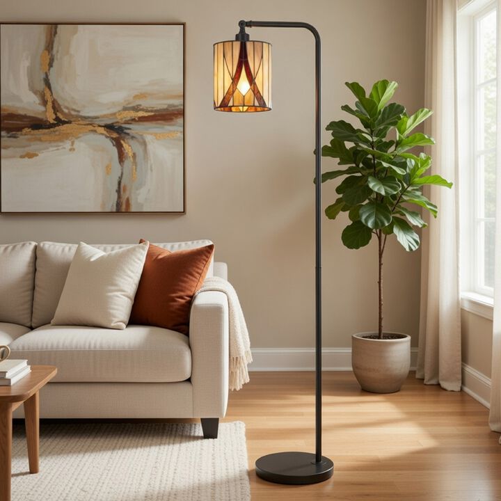Tiffany Glass Floor Lamp with Adjustable Head, 58 Inch Black, Natural Tones