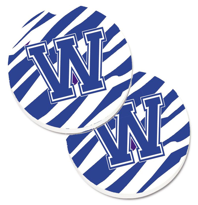 Caroline's Treasures Monogram Initial W Tiger Stripe Blue & White Set of 2 Cup Holder Car Coasters CJ1034-WCARC, 2.56, Multicolor