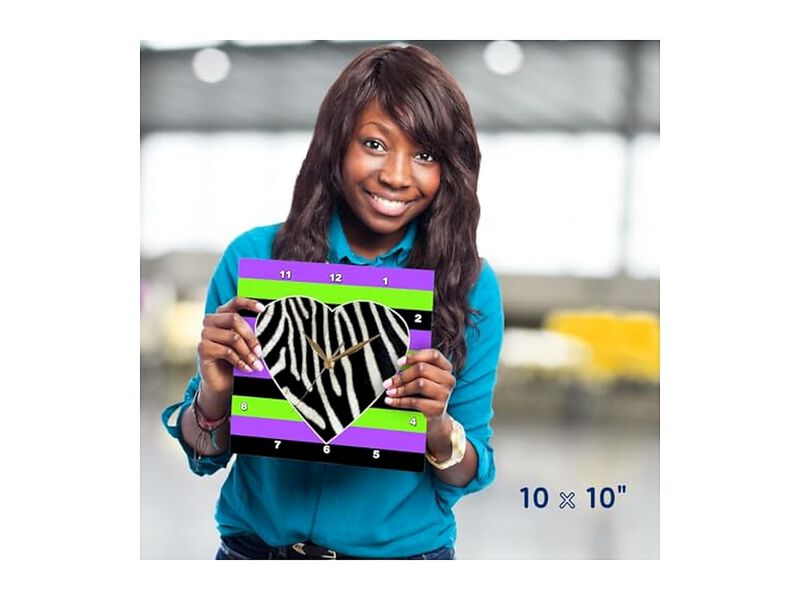 Punk Rockabilly Zebra Heart Purple Green Wall Clock 10 Inch Black Home Decor image number 1