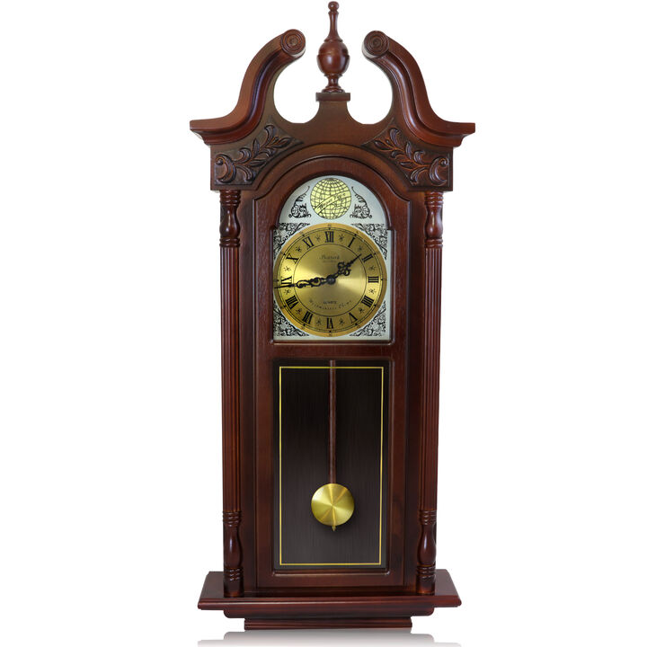 Bedford Clock Collection 38 Inch Grand Antique Chiming Wall Clock with Roman Numerals in a in a Cherry Oak Finish