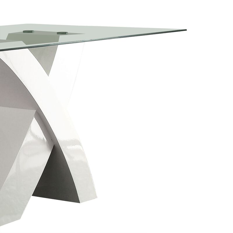 Glass Top Dining Table With X Shape Wooden Base, White and Clear-Benzara image number 3