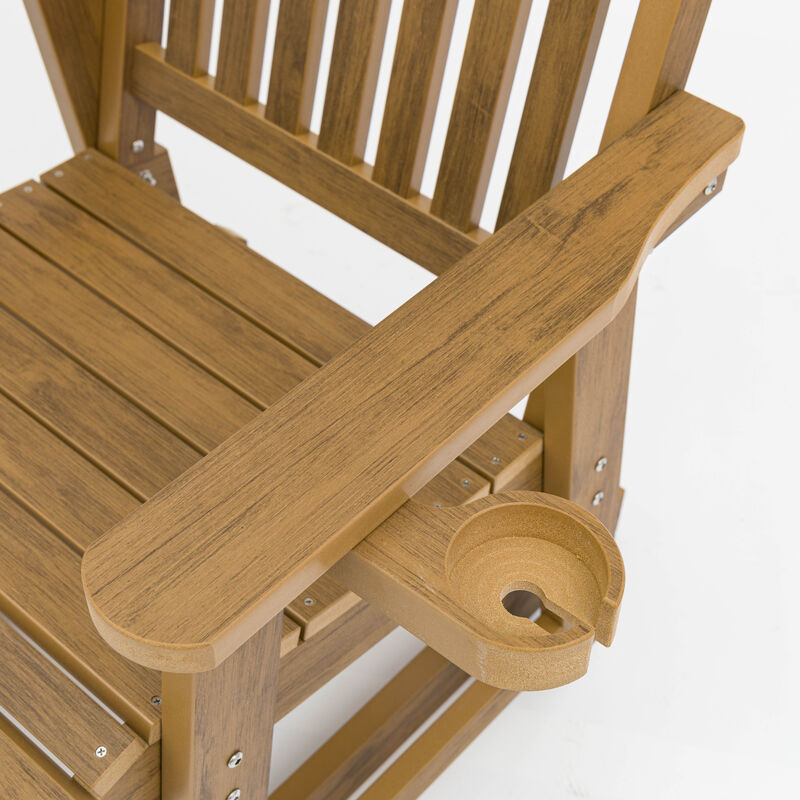 Poly Lumber Patio Glider for One Person, Ergonomic Deep Seat and High Backrest, with Removable Cup Holders, Wood-Like Pattern, Heavy Duty 700 LBS, for Outdoor Patio Garden Yard (Teak)