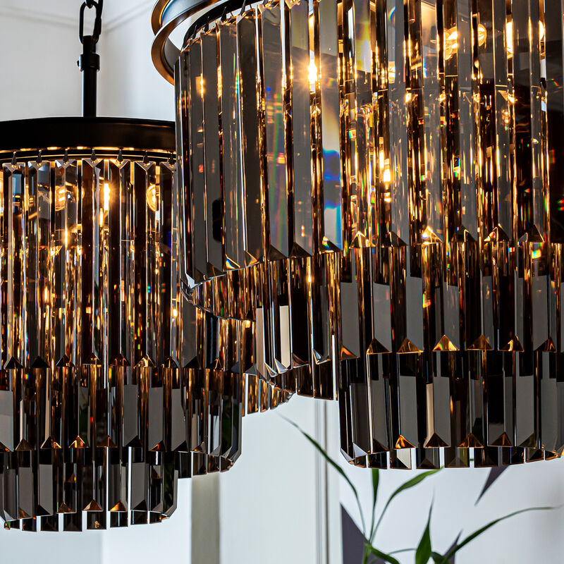 6-Lights Modern Matte Black 3-Tier Round Fringe Chandelier with Smoke Crystal Accent image number 2
