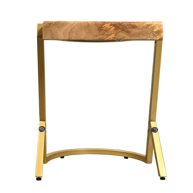 17 Inch Side End C Table, Natural Mango Wood Top with Drop Edge, Iron Gold Angled Frame