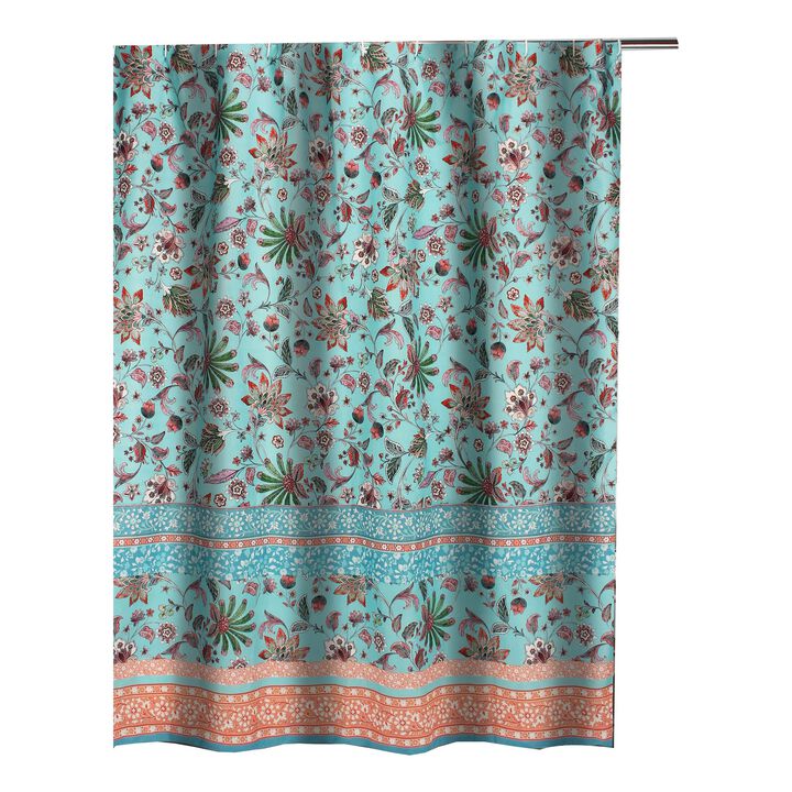 Athens 72 Inch Shower Curtain, Blue Microfiber Polyester, Jacobean Print-Benzara