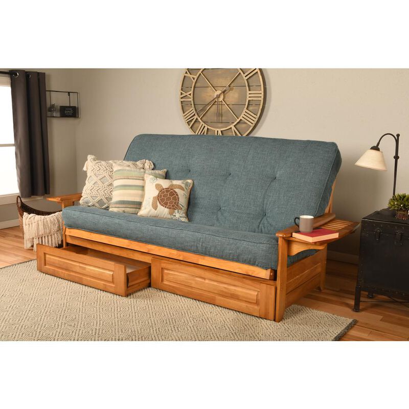 Phoenix Frame Queen-Butternut Finish-Linen Aqua Mattress-Storage Drawers image number 1
