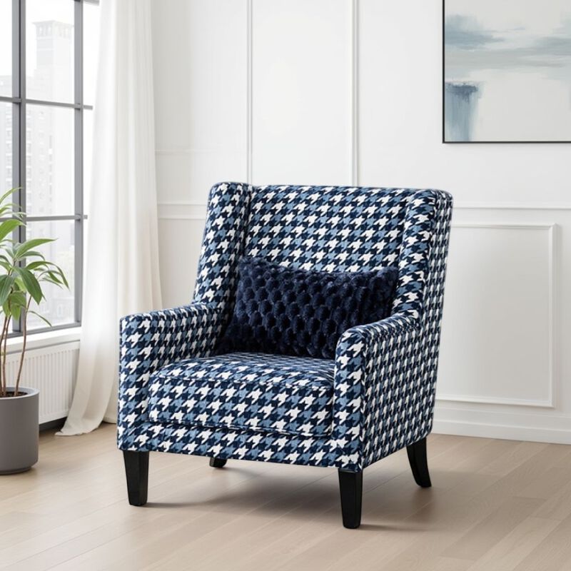 Colin Accent Club Chair, Throw Pillow, Gray Blue Houndstooth Polyester - Benzara