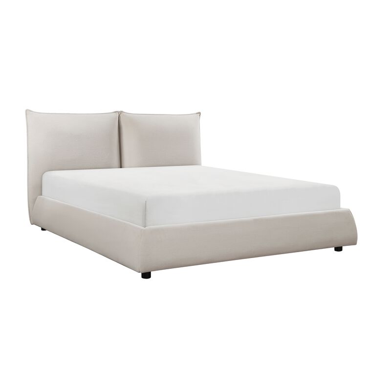 Inna Queen Platform Bed, Beige Chenille Fabric Upholstered Pillow Headboard - Benzara