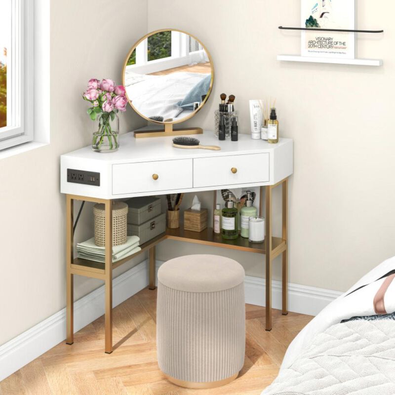 Hivvago Triangle Corner Desk with Charging Station with 2 Drawers and Storage Shelf