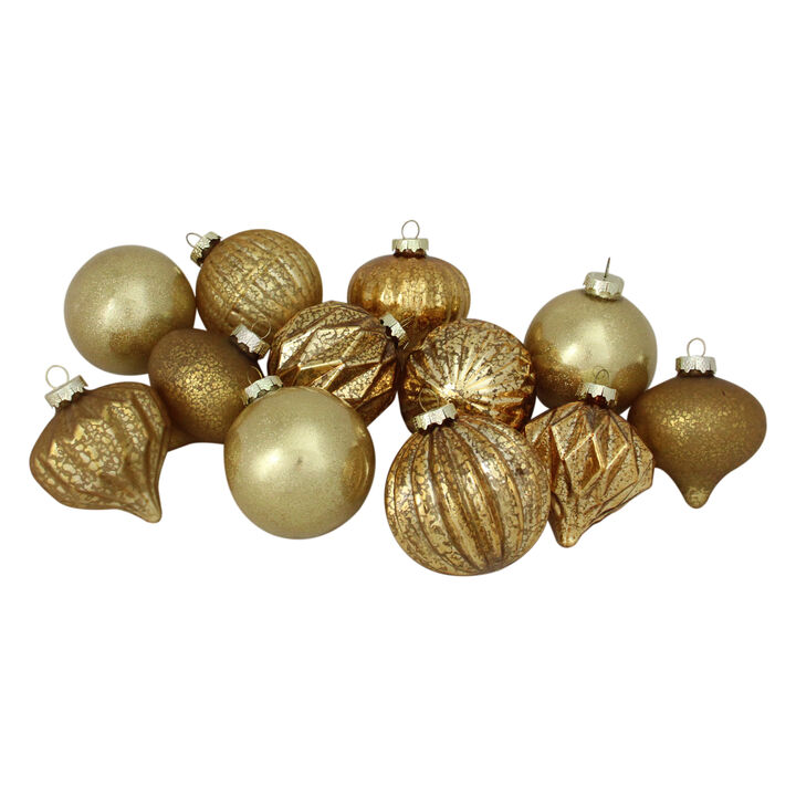 12ct Gold Mercury Glass Style Glass Christmas Ornament Set 3"