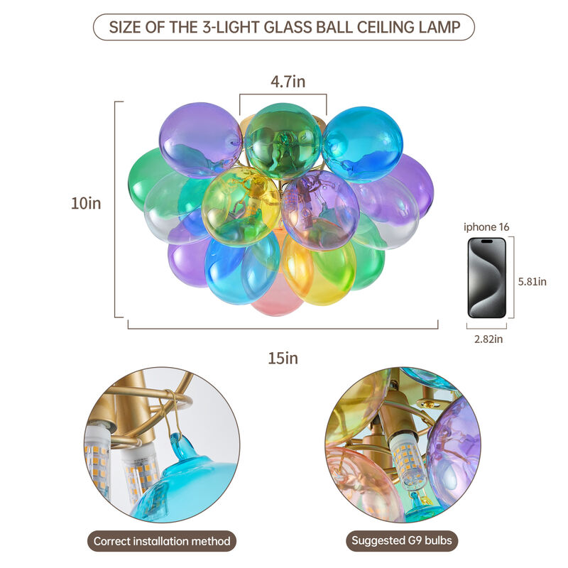 ELEMENT ACE Modern 3-Light Swirled Glass Bubble Flush Mount Ceiling Light Fixture, Compact Space-Saving Decorative Lighting for Bedroom, Nursery, Dining Room, Playroom image number 2