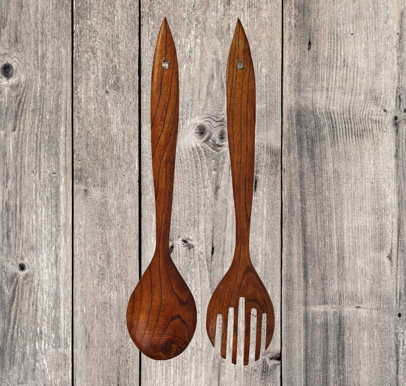 Set of 2 Modern Minimalist Wooden Fork & Spoon Sculpture Wall Hanging Home Decor image number 6