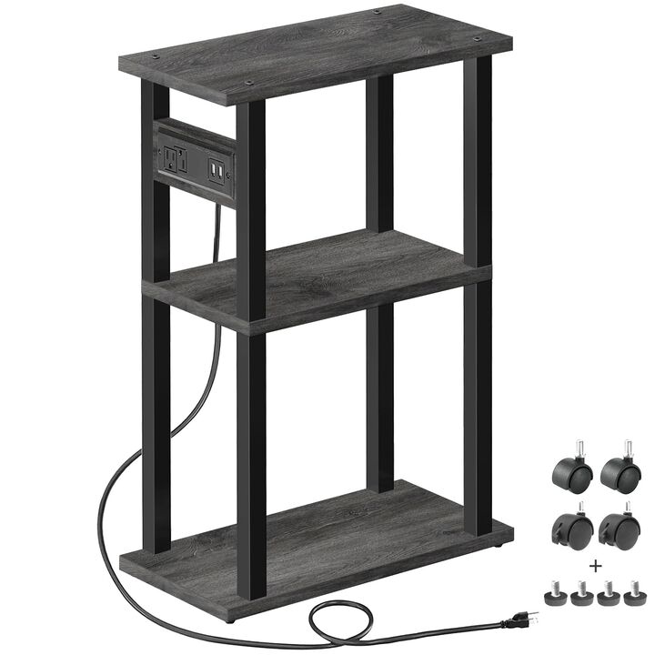 TUTOTAK Small Narrow Side Table with Charging Station, Skinny End Table for Small Spaces, Slim Nightstand with USB Ports and Out