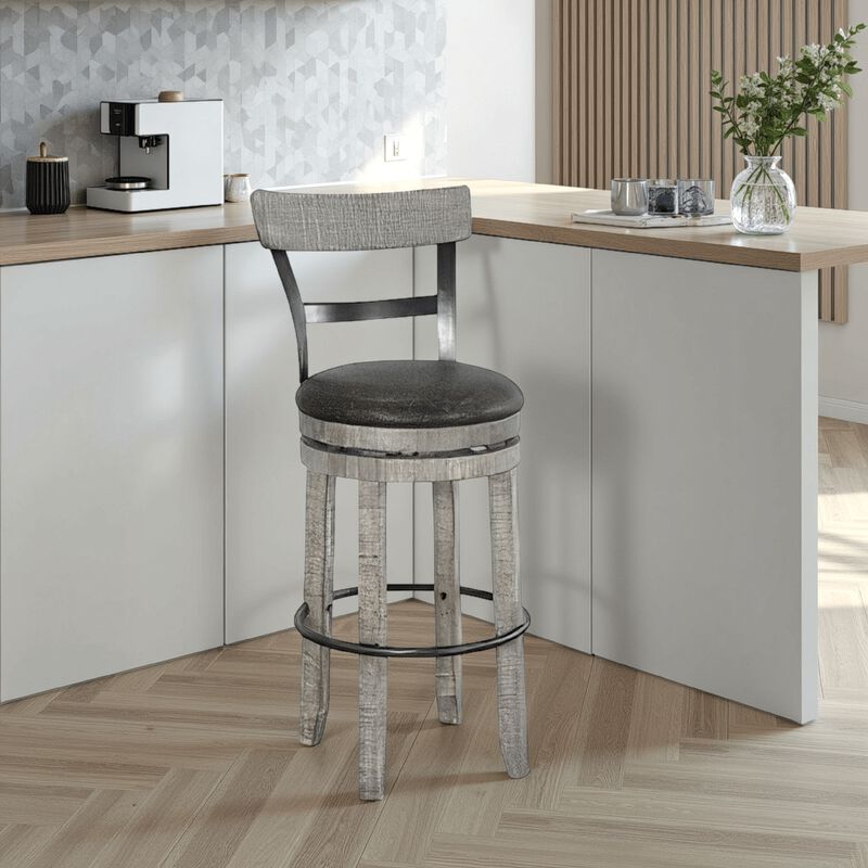 Zeka Swivel Barstool Chair Set of 2, Faux Leather, Gray Mahogany Wood - Benzara