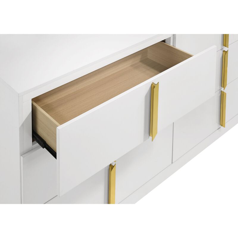 Orion Wide Dresser with 6 Drawers, Gold Handles, Glossy White Wood image number 5
