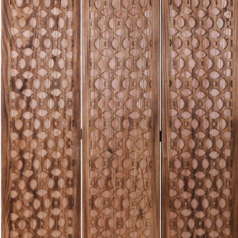3 Panel Transitional Wooden Screen with Leaf Like Carvings, Brown-Benzara