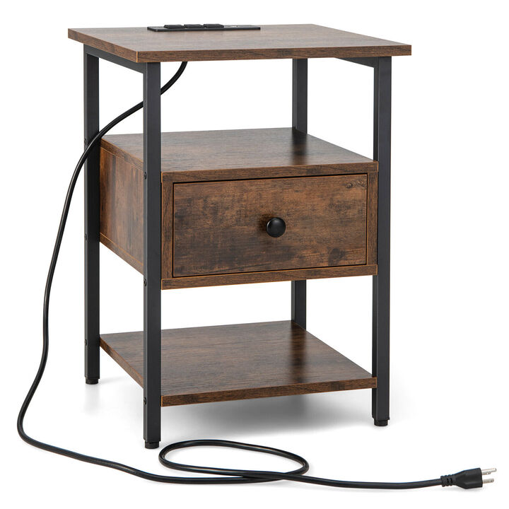 3-Tier Nightstand with Charging Station and Drawer-1 Piece