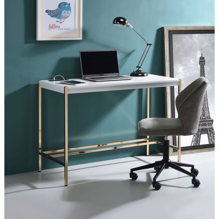 Midriaks Writing Desk w/USB Port in White & Gold Finish OF 00020