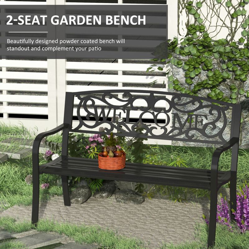 50" 2-Person Garden Bench Loveseat with Cast Iron Decorative Welcome Vines, Outdoor Patio Bench for Backyard, Porch, Entryway