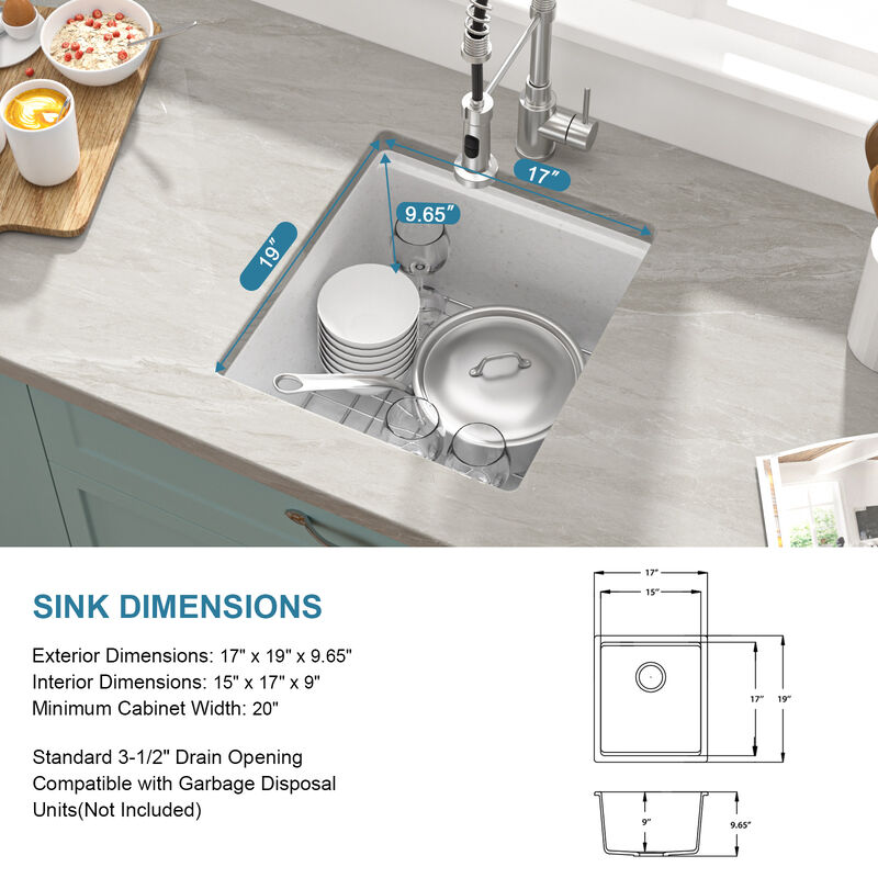 17 in. Undermount Single Bowl Workstation White Quartz Composite Kitchen Sink Round Corner with Bottom Grid. image number 6