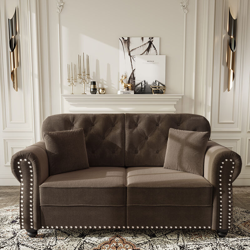 Whisen 63" Velvet Chesterfield Sofa, Mid-Century Modern Tufted Loveseat with Nailhead & 2 Pillows image number 2
