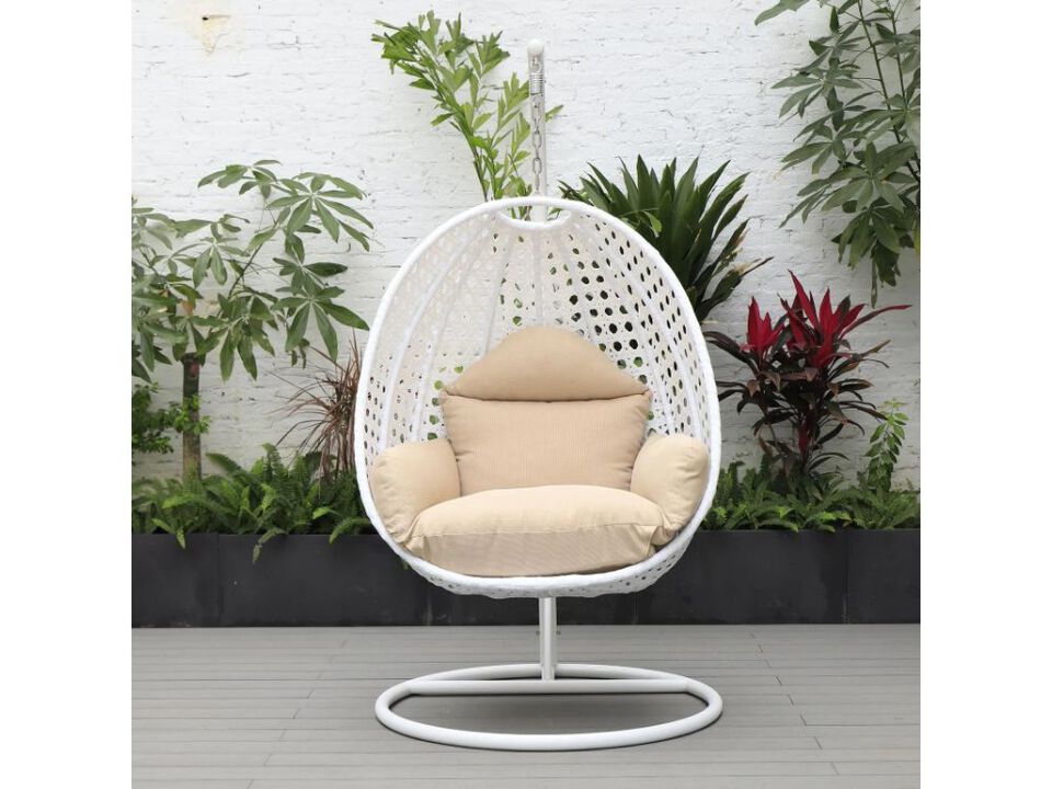 LeisureMod White Wicker Hanging Egg Swing Chair - Modern Outdoor Patio Chair for Porch, Balcony & Garden | Comfortable, Stylish, Durable