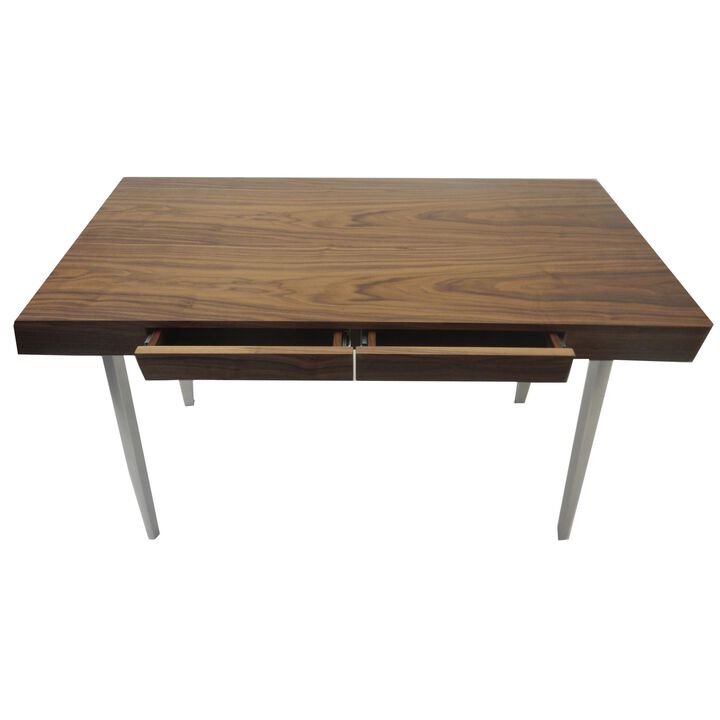 Hle 47 Inch Desk, Walnut Brown Wood Top, 2 Drawers, High Polished Steel - Benzara