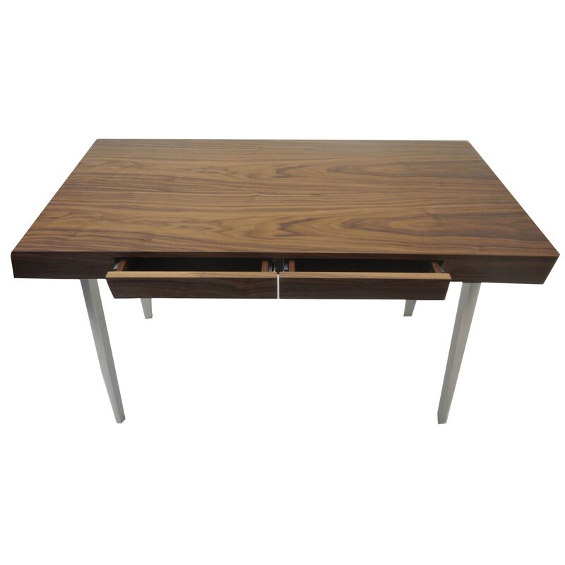 Hle 47 Inch Desk, Walnut Brown Wood Top, 2 Drawers, High Polished Steel - Benzara
