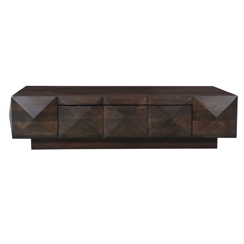 Jisaku 48 Inch Coffee Table with Storage Drawer, 3D Diamond Carved Panels, Walnut Brown Mango Wood image number 0