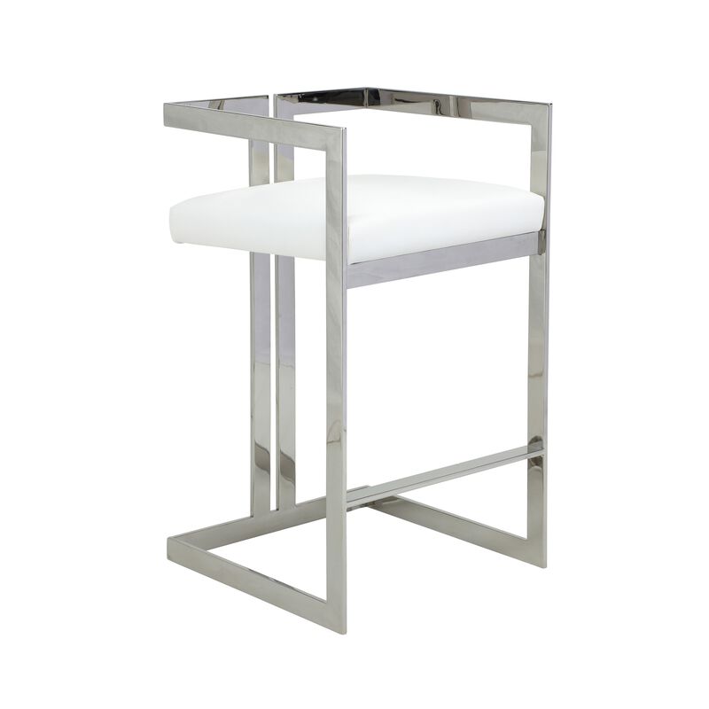 Suki 30 Inch Barstool Chair, White Faux Leather, Silver Stainless Steel