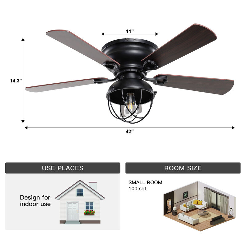 42" Industrial Wood 5-Blade Matte Black Flush Mount Ceiling Fan with Remote