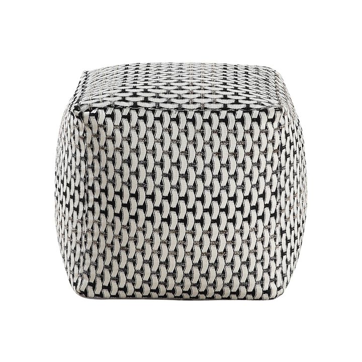 Modern Pouf Ottoman, Black White Basket Woven Jacquard, 16 Inch Square