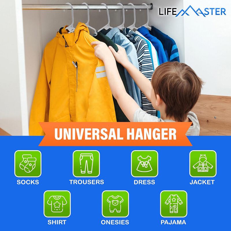 Lifemaster Plastic Kids Clothes Hanger &ndash; Children Clothes Hanger with Shoulder Notch, 11.6 Inch Space-Saving Closet Organizer for Baby, Toddler, and Kids Clothing, Hold Up to 4 lbs, Pack of 50, White