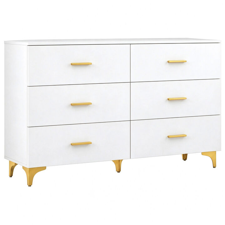 47" White 6 Drawer Dresser with Gold Handles & Legs